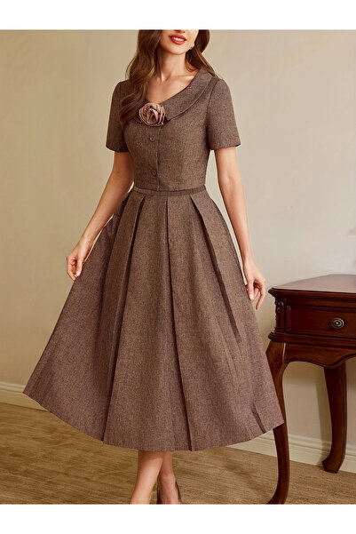 Take Two By Styli Brown Short Sleeve Top and Pleated Midi Skirt Co-Ords