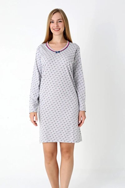 TOSKI Women's nightgown, long sleeve, gray with polka dot print
