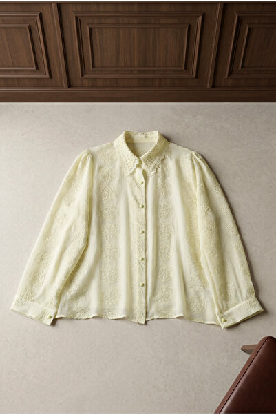 MODAQU Thin Jacquard Shirt with Lace Collar and Pattern - Beige