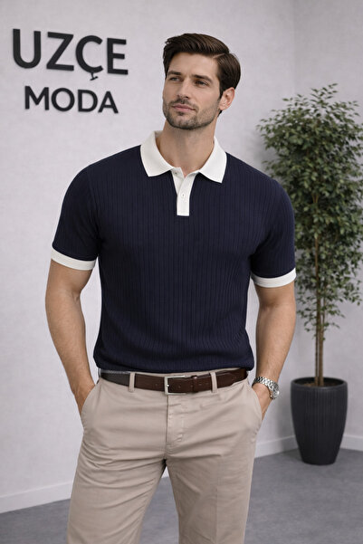 UZÇE MODA Navy blue polo collar half buttoned men's t-shirt