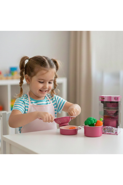 lunacs toys 7 Parça Metal Mutfak Oyuncak Seti - Pembe Emaye Görünümlü Tencere...