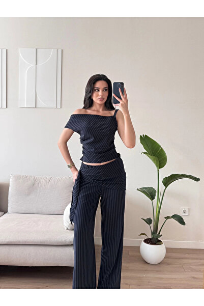 Zoom Butik Çizgili Düşük Omuz Üçlü Takım - LACİVERT