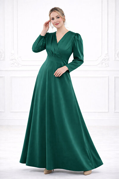 IŞILTI Γυναικείο μακρύ πράσινο βραδινό φόρεμα με διπλό γιακά, μανίκια μπαλόνι...