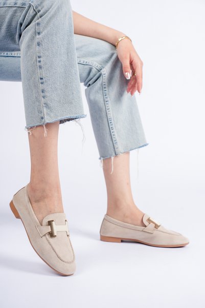 BALANZ Beige Women's H Buckle Loafer Ballet Flats Daily Stylish Comfortable Slip-On Ballet Flats Women's Shoes