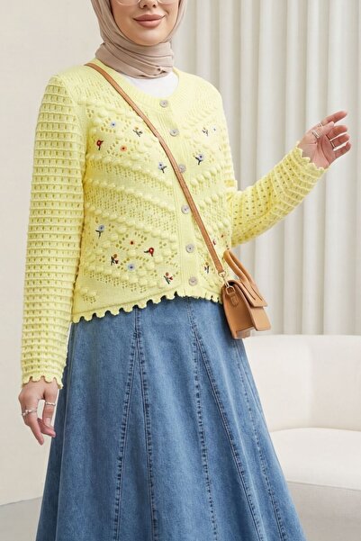 Modamorfo Floral Embroidered Pompom Openwork Knitwear Cardigan - Light Yellow