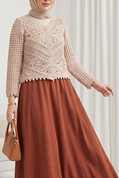 Modamorfo Floral Embroidered Pompom Openwork Knitwear Cardigan -Powder
