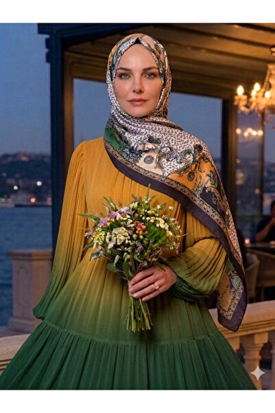 Nazellaa Ethnic Patterned Navy Blue Shawl with Yellow Green Details