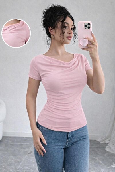 peri tower Degaje Collar Draped Gathered Detailed Slim Fit Stretch Fabric Wom...