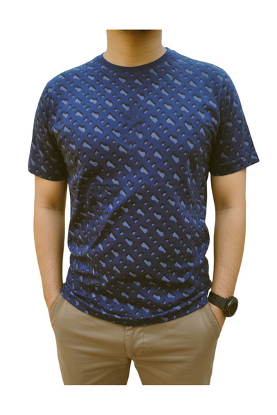 Pedee Men's 100% Cotton Printed T-Shirt – Navy Blue Geometric Pattern, 180 GS...