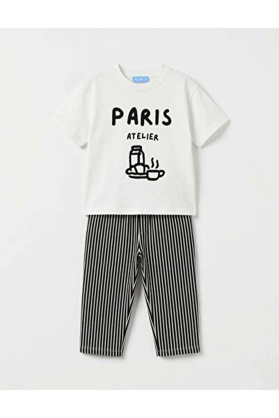 Unisex Çocuk Paris Baskılı Çizgili Pantolonlu Erkek Çocuk Takım