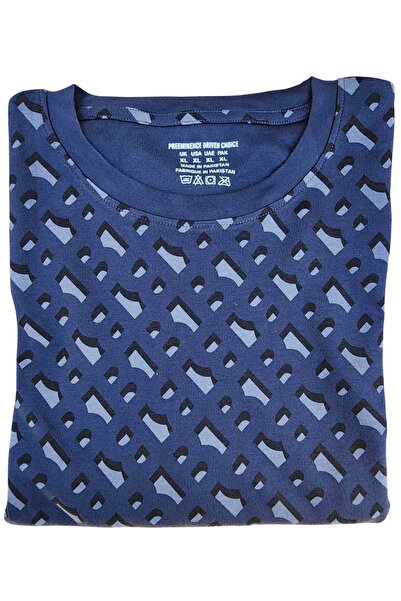 Pedee Men's 100% Cotton Printed T-Shirt – Navy Blue Geometric Pattern, 180 GSM Premium Fabric