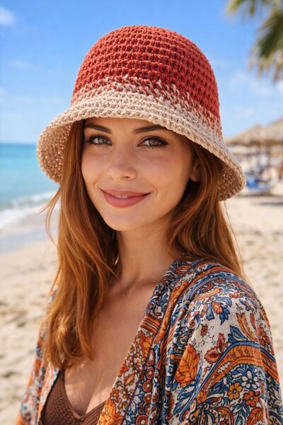 BALIENTE Κόκκινο Πλεκτό στο χέρι Ψάθινο Γυναικείο Καπέλο Bucket