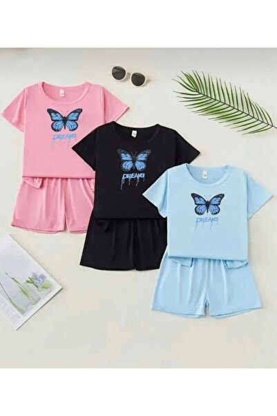 Kids Set de vară pentru fete, 3 piese, cu imprimeu Blue Dreams și pantaloni s...