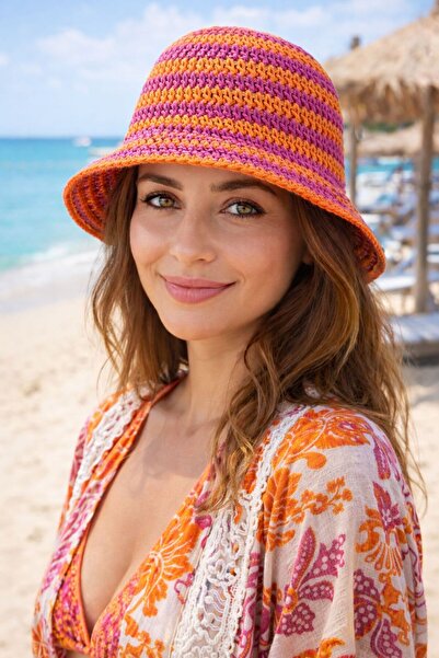 BALIENTE Πορτοκαλί Χειροποίητο Πλεκτό Ψάθινο Γυναικείο Καπέλο