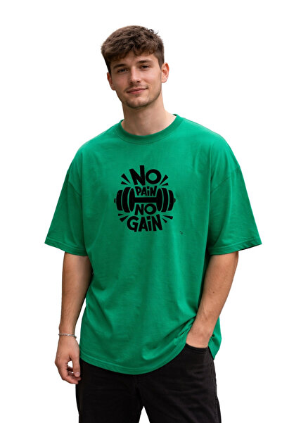 vbs vibes Unisex Oversize Πράσινο T-Shirt No Pain No Gain με στάμπα 100% βαμβ...