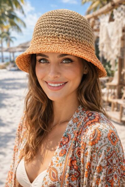 BALIENTE Πορτοκαλί Χειροποίητο Πλεκτό Ψάθινο Γυναικείο Καπέλο