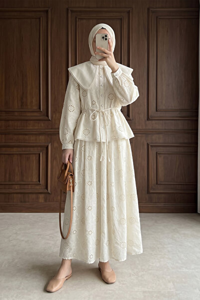 MODAQU Lined Baby Collar Embroidery Detail Linen Top and Bottom Set - Cream