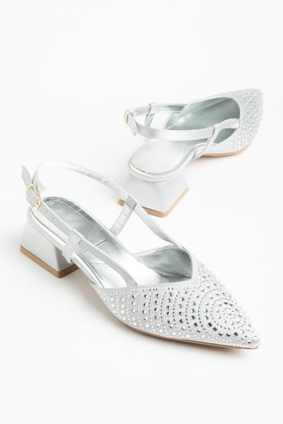 modarees Women's Silver Sequin Stone Stylish Short Heeled Comfortable Evening Dress Shoes