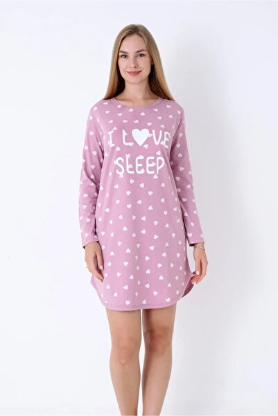 TOSKI Γυναικεία νυχτικιά, ροζ πούδρας, μακρυμάνικη, με στάμπα  "I Love Sleep "