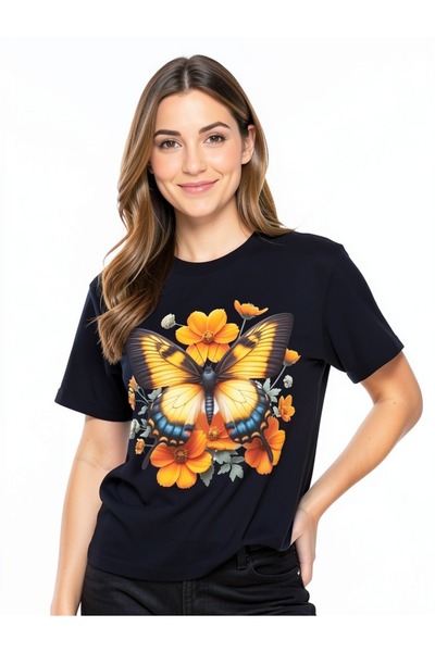 PFS TRICOU NEGRU DE FEMEI DIN BUMBAC CU IMPRIMEURI CU FLUTURI SI FLORI