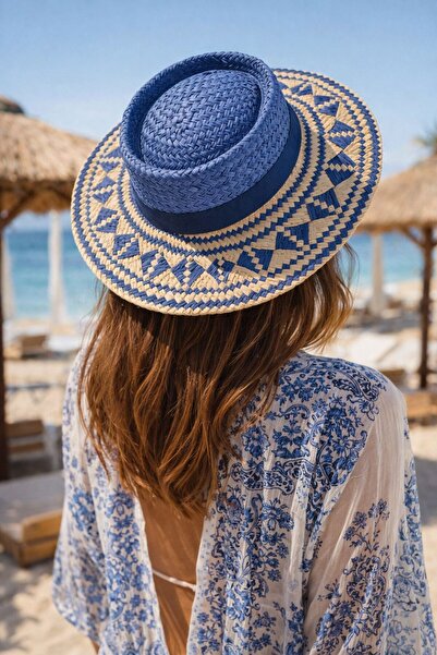 BALIENTE Γυναικείο ψάθινο καπέλο γονδόλας σε στρογγυλό σχήμα με μπλε ναυτικό ...