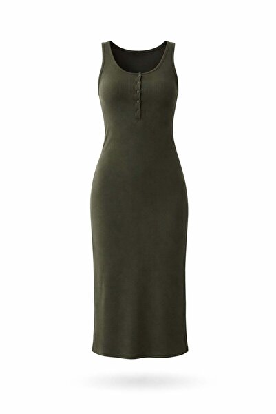 5in1Canpolat Χακί Κοτλέ Φόρεμα Μίντι