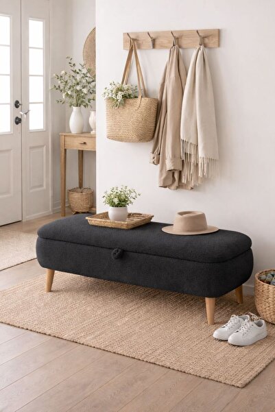 own home Rena Sandıklı Puf Bench, Teddy Kumaş Kaplamalı Ahşap Ayaklı Modern B...