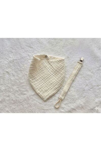 Kereminko Bebek Newborn 2-Piece Ecru Muslin Scarf and Pacifier Strap Set