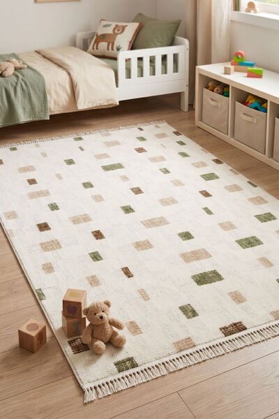 Palmera Oblong 120x180 Yeşil Bej Halı Modern Çizgili Geometrik Antialerjik Le...