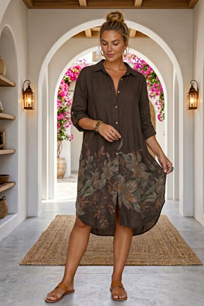 Chiccy Ιταλικό καφέ πουκάμισο με γιακά με κουμπιά, μανίκι 3/4, εμπριμέ, casua...