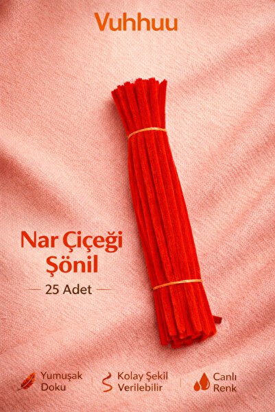 Nar Çiçeği Şönil Tel (Pipe Cleaner) Hobi Malzemesi – El Işi ve Çiçek Yapımı Için 25 Adet