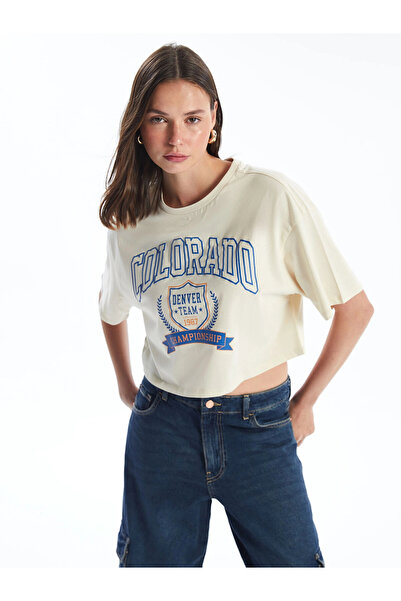 LC Waikiki XSIDE Μπεζ μπλουζάκι με στάμπα και κοντό μανίκι, υπερμεγέθη γυναικ...