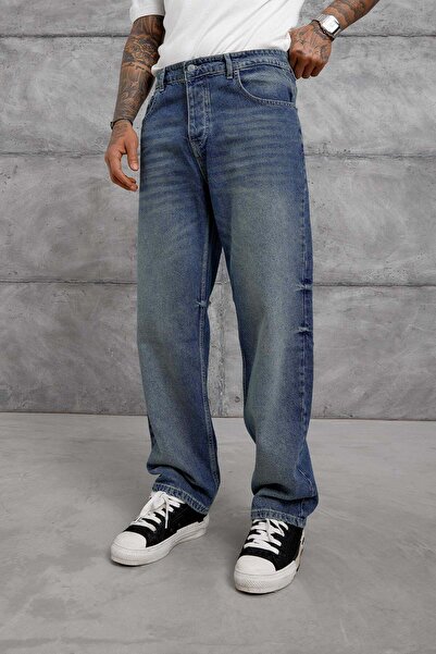 NOMARC Blugi largi albastru marin cu efect uzat