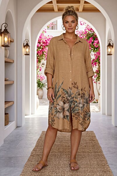 Chiccy Ιταλικό πουκάμισο Camel με γιακά και κουμπιά, μανίκι 3/4, εμπριμέ, cas...