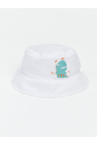 LC Waikiki Vizyon New Season White Dinosaur Printed Baby Boy Bucket Hat