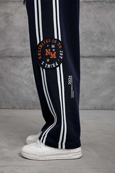 NOMARC Men's Sweatpants Striped Label Detail Six Navy Blue Oversize Baggy Loose Fit