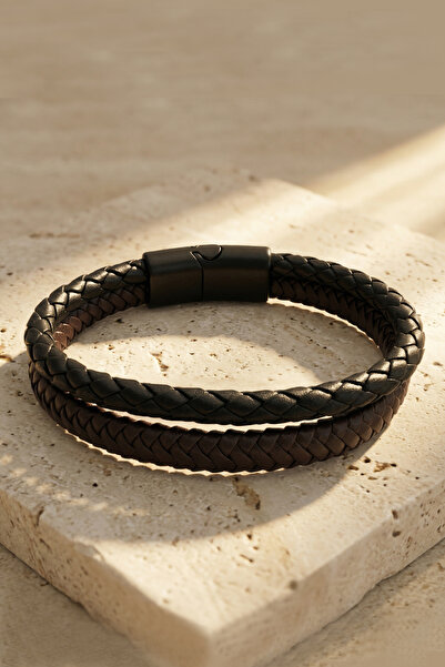 VAOOV Double Row Brown and Black Leather Men's Bracelet