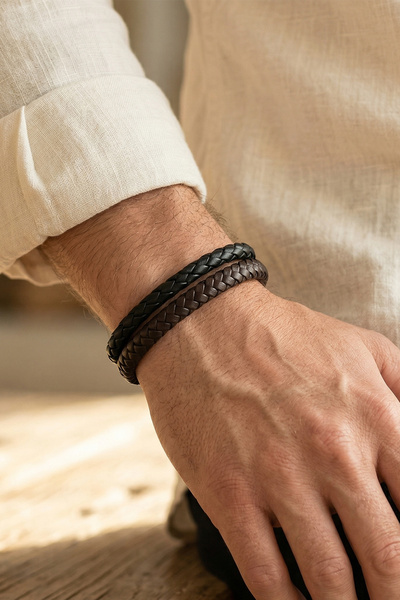 VAOOV Double Row Brown and Black Leather Men's Bracelet
