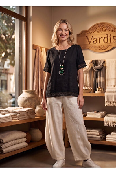 Vardis Women's 100% Cotton Italian Blouse with Pendant and Lace Detail