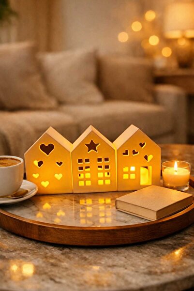 ASYDESIGN Tealight Mumluk 3'lü Mini Ev Dekor Seti Pilli Ledli