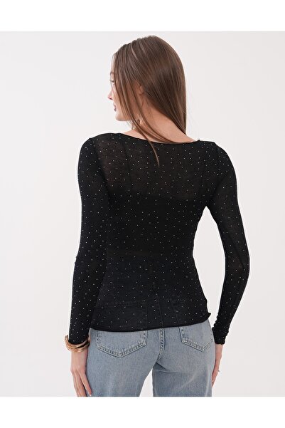 WOMAN VISION Women's Stone Embellished Long Sleeve Flexible Transparent Fabri...