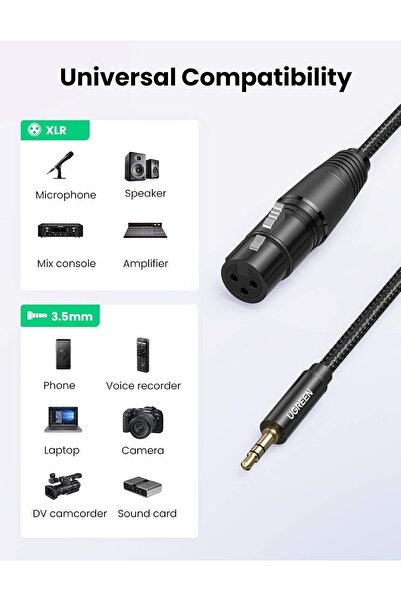 Ugreen 3.5mm XLR Mikrofon Ses Kablosu Örgülü 1 Metre