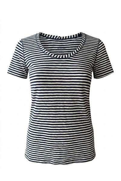 Kadın Lacivert Beyaz Çizgili U Yaka %100 Pamuklu Slim Fit Tişört