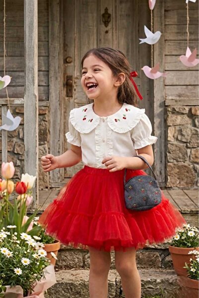 ministok Φόρεμα για κορίτσια με κέντημα στο λαιμό, φούστα τούτου και αξεσουάρ...
