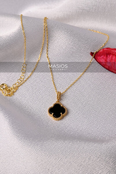 Masios Silver 925 Ayar Gümüş Oniks Taşlı Yonca Model Gold Renk Kadın Kolye
