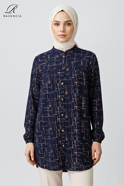 Ravencia Stripe Patterned High Collar Women's Hijab Tunic Shirt