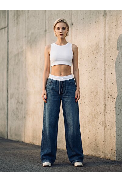 comfort jeans Lacivert Beli Lastikli-Bağcıklı Kot Denim Salaş Jean Palazzo Ra...