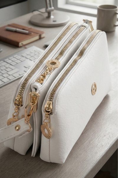 Vivaq Women's Melisa White 3-Compartment Small Size Zipper Closure Adjustable...
