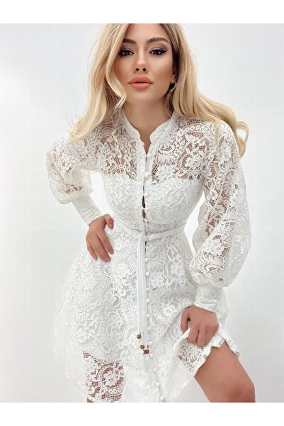 rengastyle Γυναικείο φόρεμα A Με φόδρα Brit Buttoned Mini G Με γκιπούρ δαντέλα