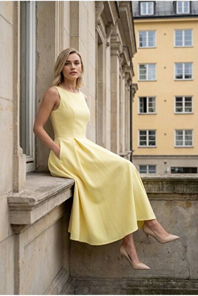 Esinty Γυναικείο αμάνικο φόρεμα με λαιμόκοψη ποδηλάτου, από ύφασμα κρεπ με υφ...